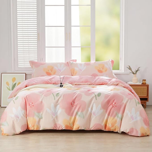 SAPHREAS Pink Floral Duvet Cover Set Full Size Blossom Flower Printed Bedding Comforter Cover Set 100% Cotton 1 Duvet Cover 90"x80" 2 Pillow Shams, Comforter Not Included