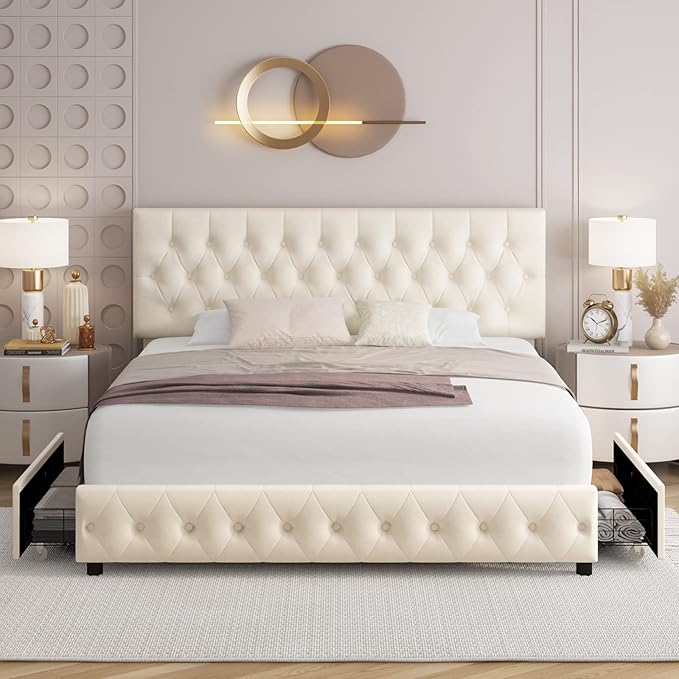 Keyluv Modern Upholstered Bed Frame with 4 Storage Drawers, Button Tufted Headboard Design, Solid Wooden Slat Support, Easy Assembly, Soft Velvet, Beige, King Size