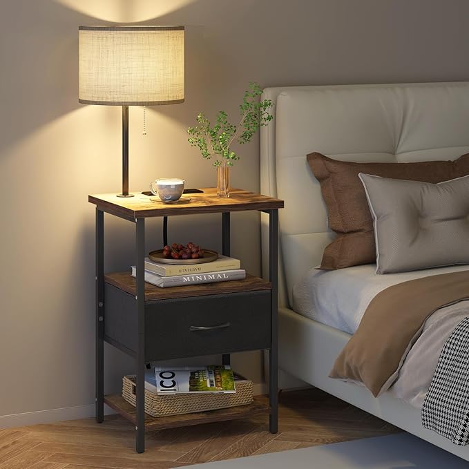 Fixwal Nightstand with LED Lights Bedside Table with 3 Color Temperatures Bulb, Tall NightStand with Charging Station End Table with Adjustable Fabric Drawer for Bedroom Dorm