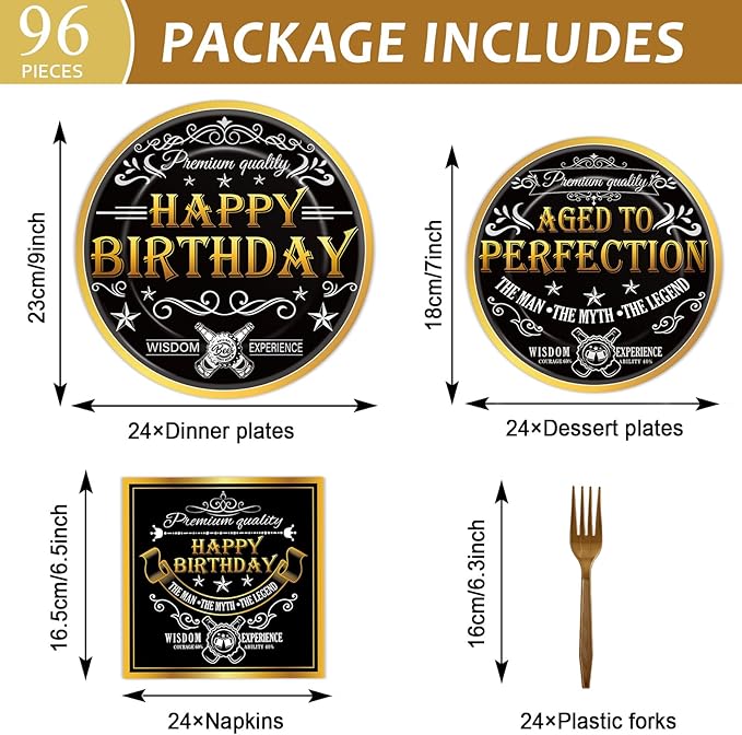 96 Pcs Aged to Perfection Birthday Party Plates Napkins Tableware Set Vintage Theme Birthday Supplies Disposable Dinnerware Black Gold Happy Birthday Party Decoration Favors for Men, 24 Guests