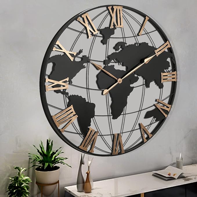 36 Inch Extra Large World Map Wall Clock, Retro Minimalist Silent Non-Ticking Battery Operated Clock for Living Room, Bedroom, Office, Kitchen, Black Roman Numerals