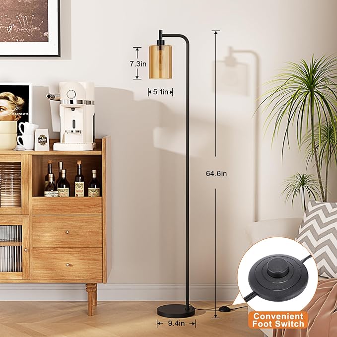 Floor Lamps for Living Room - Standing Lamp with Amber Glass Shade, Modern Floor Lamp with LED Bulbs, Industrial Floor Lamp for Bedroom, Black Tall Lamp for Office(Light Bulb Included)