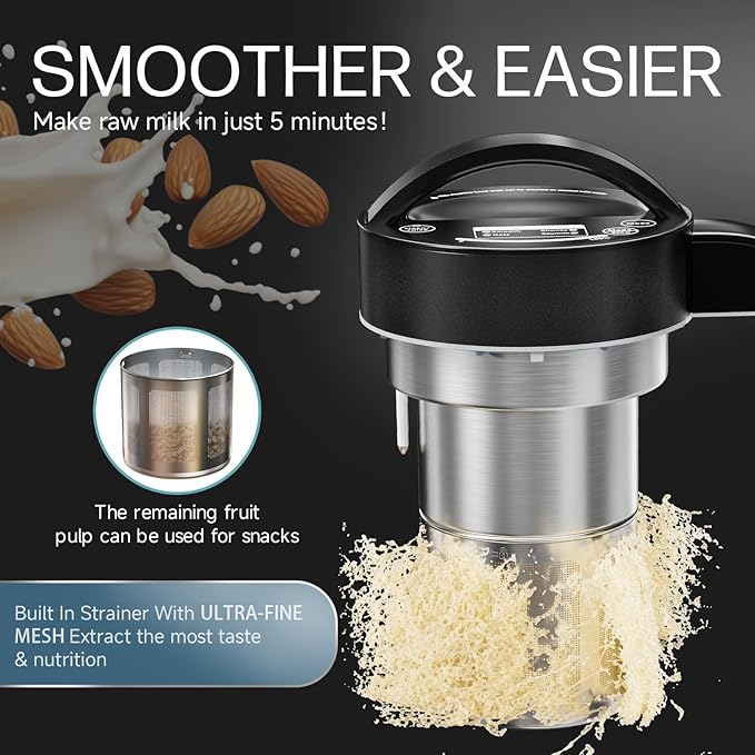 50oz Almond Milk Maker Machine (Built-in Filter) Make Plant Based Milk, Soup & Juice, 6-7 Cups Per Batch, 304 Stainless Steel, 5.3 lb, Automatic Cleaning, 8-IN-1 Nut Milk Maker for Soy & Oat (Black)