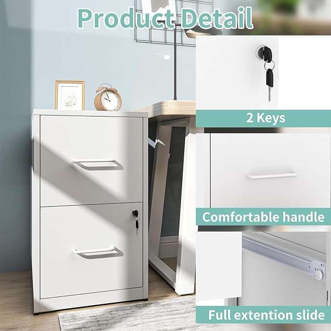 AQY 2 Drawer Filing Cabinet with Lock, Metal White File Cabinet for Home Office, 18" Deep Vertical Storage Drawer for Hanging A4/Letter/Legal Size Files, Assembly Required
