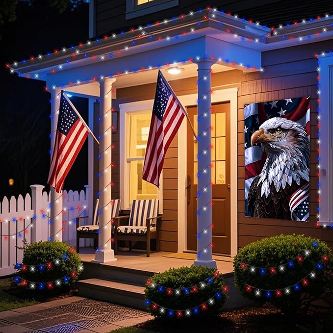 QITONG 500 LED Red White and Blue String Lights, 165ft 4th of July Decorations Lights Plug in Outdoor Indoor, 8 Modes Patriotic Light Green Wire for Independence Memorial Day Decor