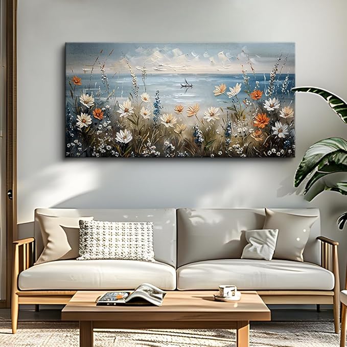 MHARTK66 Large Wall Art For Bedroom Canvas Wall Decor For Living Room Flowers Wall Paintings Blue Ocean Landscape Pictures Artwork Modern Home Decorations For Office Ready To Hang 30"X60"