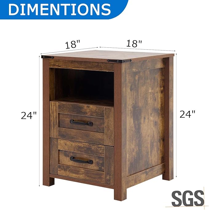 Farmhouse Nightstand with 2 Storage Drawers, Brown Wood Bedside Table, Sturdy End Table with Shelf for Bedroom, Dorm, Living Room, Brown