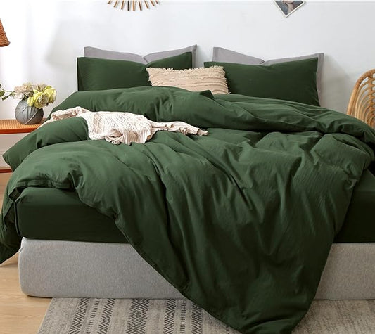 MooMee Bedding Duvet Cover Set 100% Washed Cotton Linen Like Textured Breathable Durable Soft Comfy (Solid Forest Green, Cal King 104"x98")