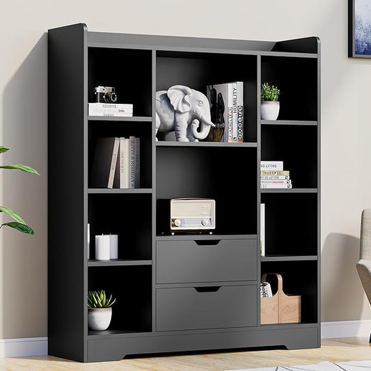 Cozy Castle Kids Bookshelf with Storage, Toy Storage Organizer with 2 Drawers and 10 Cubes 4-Tier Bookcase for Bedroom, Playroom, Hallway, Living Room(Black)