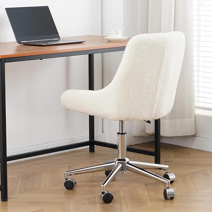 Furnimart 360° Swivel Rolling Desk Chair, Height Adjustable Vanity Chair with Silver Legs, Cute Task Chair with Wheels for Dorm Bedroom Studying Small Places (Teddy Beige)