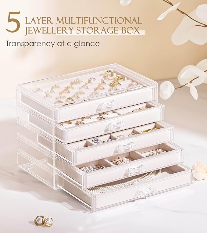 Homde Jewelry Box Acrylic for Home: Necklace Ring Organizer for Women in Vanity - Large Bracelet Earring Holder with Compartments