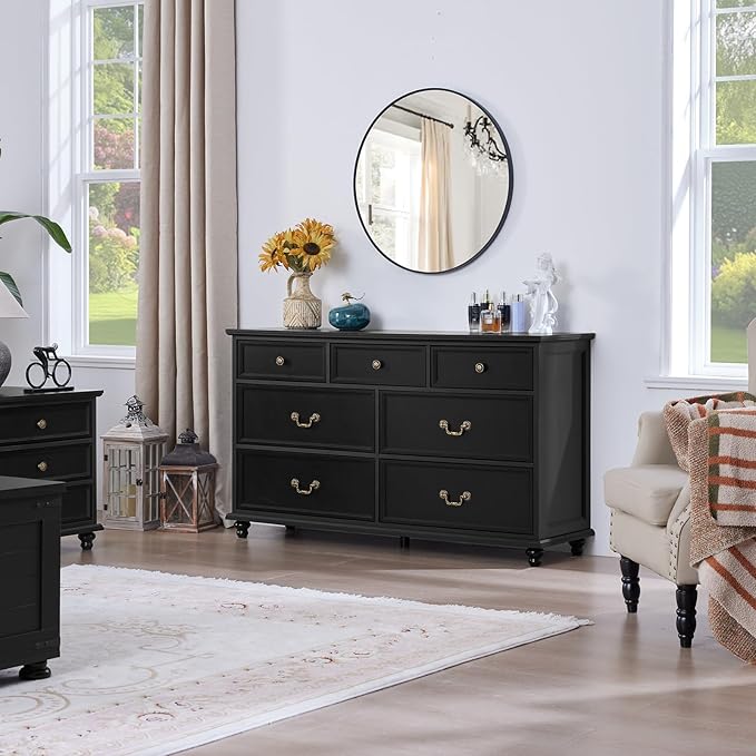 Farmhouse 7 Drawers Dresser for Bedroom, Black 54 Inch Wide Chest of Drawers w/ 4 Wooden Legs, Large Vintage Rustic Closet Dressers for Living Room, Wood TV Stand with Storage Organizer