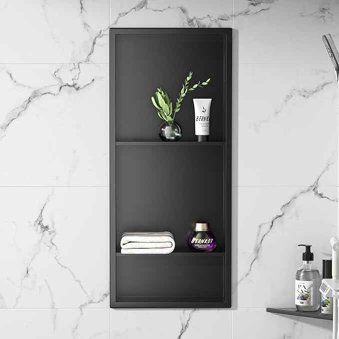 Stainless Steel Shower Niche 30" X 12" Matte Black No Tile Needed Wall Vertical Niche Three-Tier Shelves Recessed Shower Shelf for Bathroom Storage Over Mount Installation