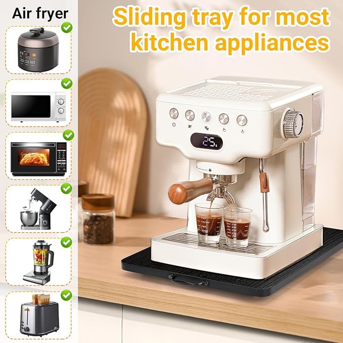 360° Rotatable Sliding Tray for Kitchen Appliances, Wooden Sliding Tray for Coffee Maker, Coffee Pot Slides for Countertop Installation, Easy to Slide (Black, Small)