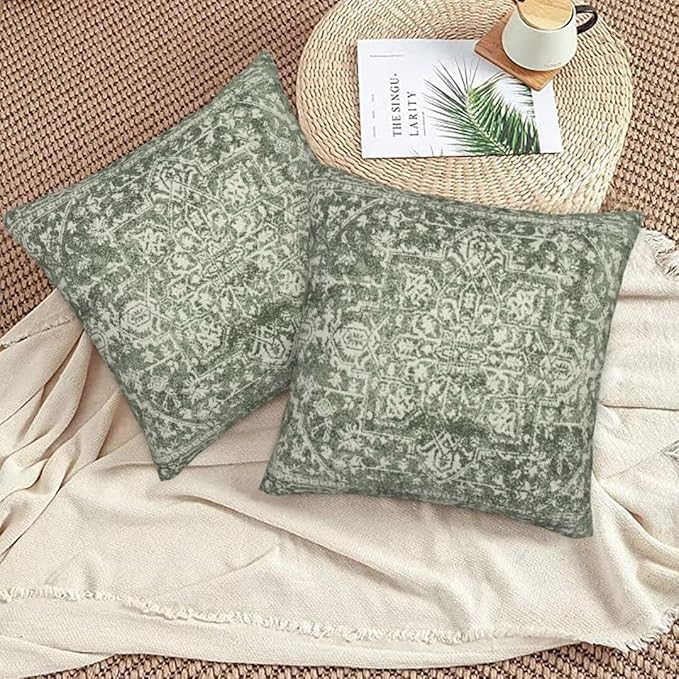 Sage Green Boho Pillow Covers 20 x 20 Inch Set of 2, Bohemian Carpet Pattern Decorative Throw Pillows Ethnic Vintage Farmhouse Pillow Cases Linen Gifts for Couch Sofa Outdoor Decor