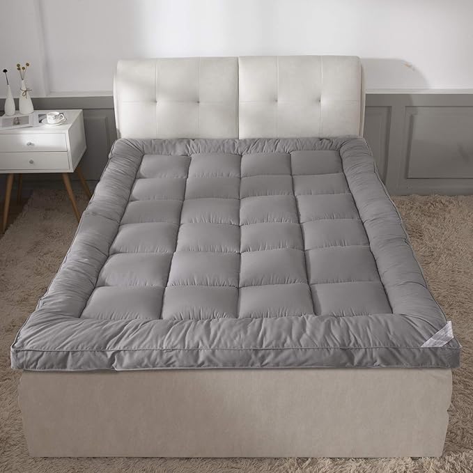 Soft Pillow Top Mattress Topper King for Firm Mattress - Grey, Extra Thick Plush Bed Topper for Back Pain with 100% Cotton Cover, Overfilled Soft Mattress Pad Cover Fit to 6”-22” Mattress.