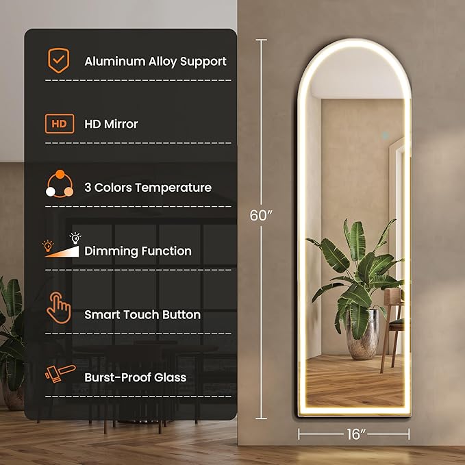 OLIXIS 16"×60" Arched Full Length Mirror with Light, LED Floor Full Body Mirror with 3 Color Lighting