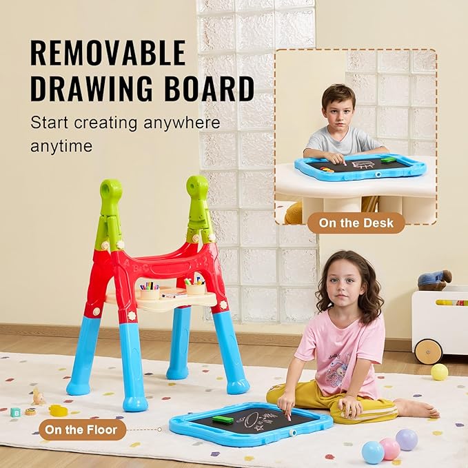 VEVOR Art Easel for Kids, 2-in-1 Double-Sided Kid's Art Easel with Magnetic Whiteboard & Chalkboard, Adjustable Standing Rotatable Removable Drawing Board with Painting Accessories for Boys and Girls