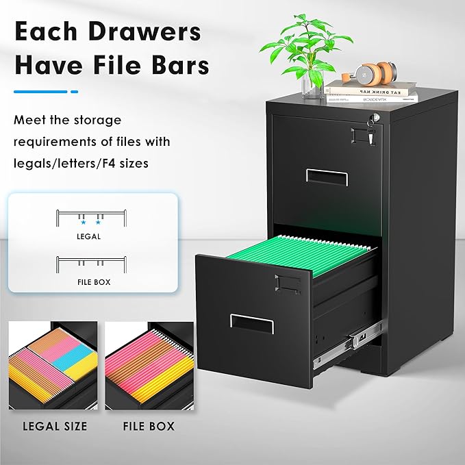 Greenvelly 18" D Vertical File Cabinet, 2 Drawer Locking Cabinet for Home Office, Black Metal for Hanging Letter/Legal Folders, Easy Assemble