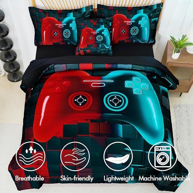 PERFEMET 6 Pcs Gaming Comforter Sets for Teen Boys Red and Teal Game Kids Bed in A Bag with Sheet Set 3D Cool Soft Lightweight Video Game Bed Set(Red Teal, Queen)