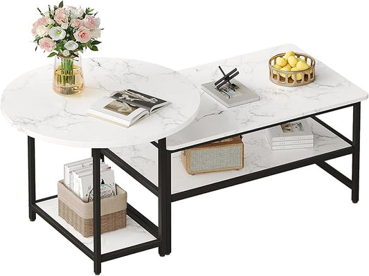 WOHOMO 48IN Faux Marble Wood Coffee Table with Adjustable Shelf, White Nesting Tables Set of 2, Small Coffee Tables for Living Room