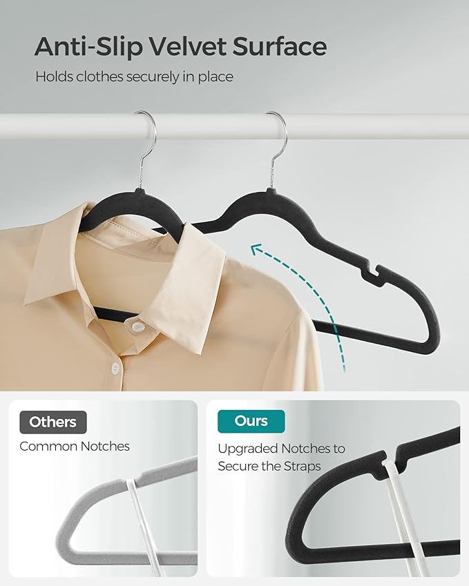 SONGMICS Velvet Hangers - 100 Pack, Non-Slip, Suit Hangers with Shoulder Notches, Pants Bar, 360 Swivel Hook, Space-Saving for Closet, Ink Black