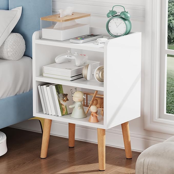 LUCKNOCK Mid Century Modern Nightstand, White Wood Bedside Table, 3 Tier Tall End Side Table with Open Storage Shelves, Small Night Stand for Bedroom, Kids Room & Small Spaces.