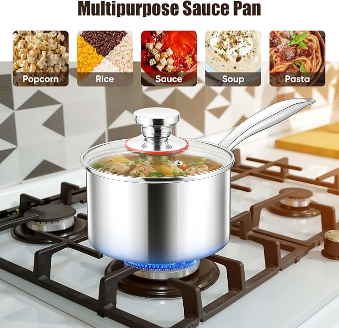 E-far Stainless Steel Saucepan Set - 2Qt & 3 Qt, Triply Sauce Pan Pot with Lid for Cooking Pasta Warming Milk Boiling Water, Small Metal Cookware for Kitchen, Induction Ready & Heavy Duty