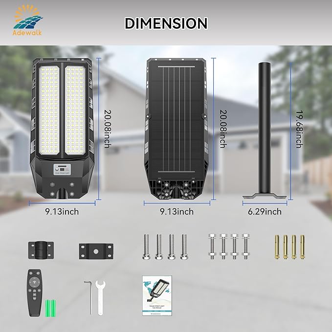 6000W Solar Street Lights Outdoor, 7000K Solar Light Outdoor LED Street Light Dusk to Dawn, LED Wide Angle Lamp with Motion Sensor and Remote Control, for Parking Lot, Yard