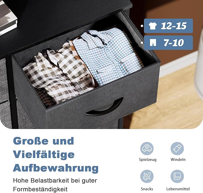 DUMOS Dresser for Bedroom with 8 Fabric Drawers, Tall Chest Organizer Units for Clothing, Closet, Kidsroom, Storage Tower with Cabinet, Metal Frame, Wooden Top, Lightweight Nursery Furniture, Grey