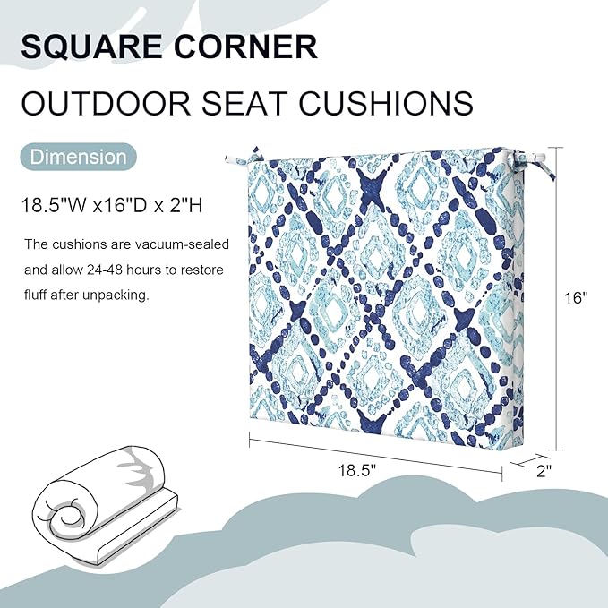 Set of 2 Outdoor Square Chair Cushions 18.5"x16"x2" for Patio, Water Resistant Patio Dining Seat Pads Replacement for Kitchen Garden and Outdoor Furniture Decoration - Boho Geometry Blue