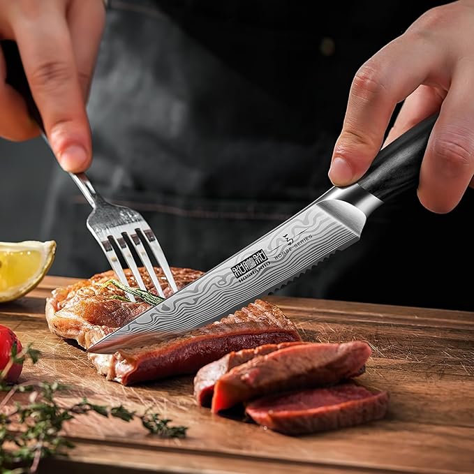 Steak Knives Set of 6, 4.5 Inch Japanese Serrated Steak Knife Set, Ultra Sharp High Carbon Powder Steel Steak Knife with Pakkawood Handle