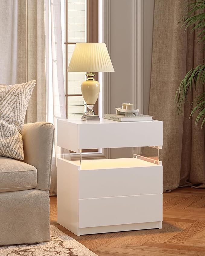 Bingoday White Nightstands Set of 2 LED Nightstand White with Gun Drawers Set of 2 Bedside Tables White LED Lights for Bedroom White