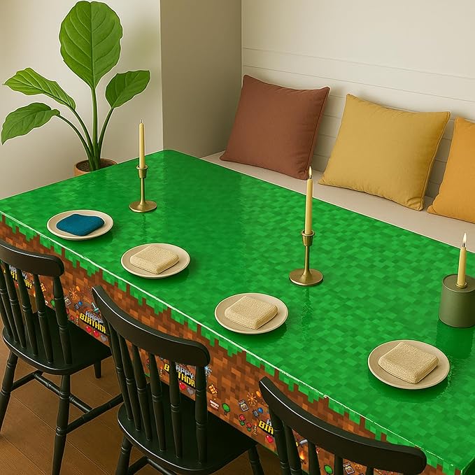 4Pcs Pixel Miner Party Decorations Tablecloth, 54" x 108" Gamer Birthday Tablecloth Disposable Plastic Pixel Gaming Birthday Decorations Table Cover for Kids Gamer Party Supplies