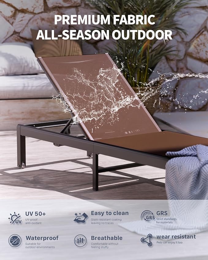 Aluminum Lounge Chairs Outdoor Chaise Furniture,2 Sets Patio Metal Deck Lounger Adjustable 5-Position Poolside Chase Recliner with Wheels for Beach,Coffee Table, (Brown, 2 Chair)