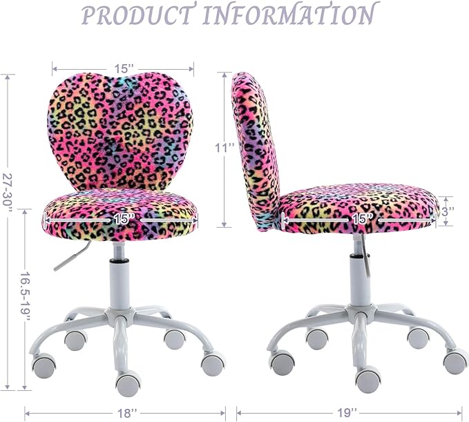 Cute Fuzzy Kids Chair for Teenage Girls Rolling Study Desk Student Chair Furry Computer Task Chair, Adjustable Heart Shaped Reading Vanity Chair for Bedroom, Leopard