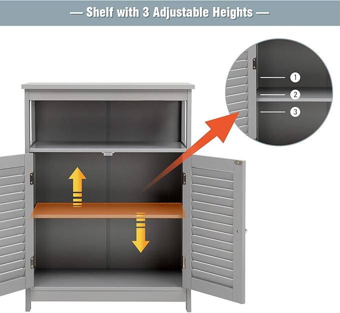Tangkula Bathroom Floor Cabinet, Wooden Freestanding Storage Cabinet with Double Shutter Door & Adjustable Shelf, Storage Cabinet for Bathroom Living Room (Grey)