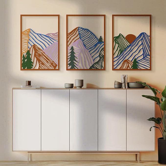 Glamativity 4 Pcs Colorful And Black Double-Sided Abstract Mountain Metal Wall Art , Mountain Line Art Décor, 3D Textured Minimalist Wall Decor, Rustic Nature Wall Décor for Living Room Bedroom Study (Mountain, M Size 17 x 12'')