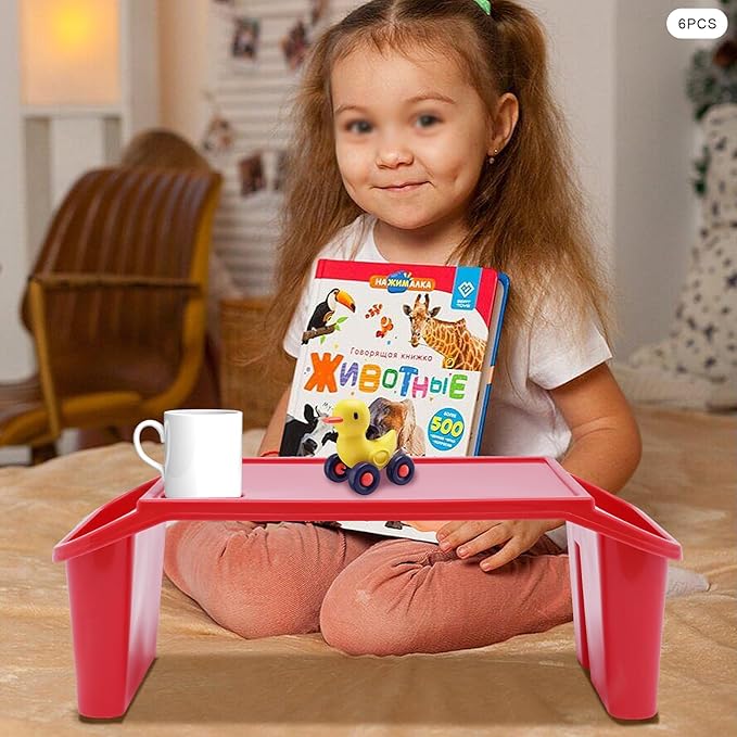 6 Pcs Kids Lap Desk Tray, Plastic Breakfast Lap Desk Trays with Side Pockets and Slot, Portable Lap Table Snack Tray for Eating, Writing, Drawing, Game, 19.69" L x 9.84" W x 7.1" H (Red*6)