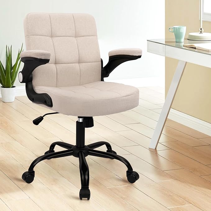 CLATINA Fabric Office Chair Ergonomic Cloth Linen Swivel Desk Chair with Back Support and Padded Flip up Armrests, Executive Rolling Computer Chairs for Work, Conference, Home, Study, Beige, 2 Pack
