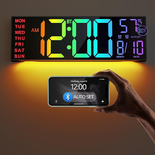 JALL 16.2" Large Digital Wall Clock with Seconds, Bluetooth Sync, Alarm Big LED, RGB Color, DST Temperature for Classroom Bedroom Garage Gym, Mount, Xmas, Birthday Gift for Aged Elderly Mother Father
