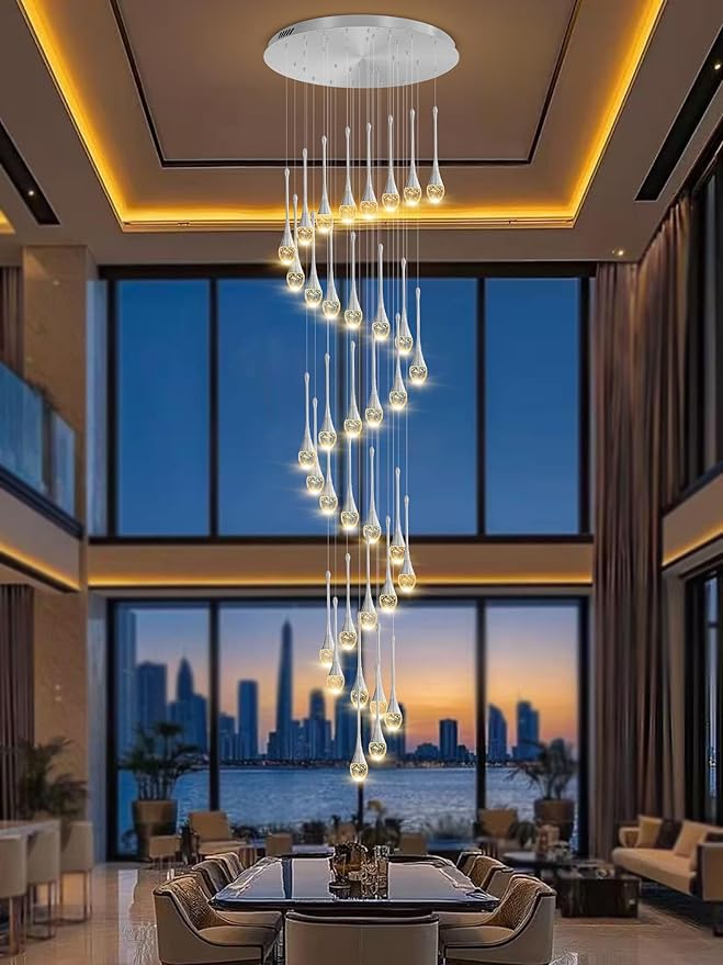 150in High Ceiling Chandelier for Foyer Entrance 36-Light Crystal Silver Chandelier Light Fixture Large Ceiling Light for Living Room Staircase Hallway Dining Room