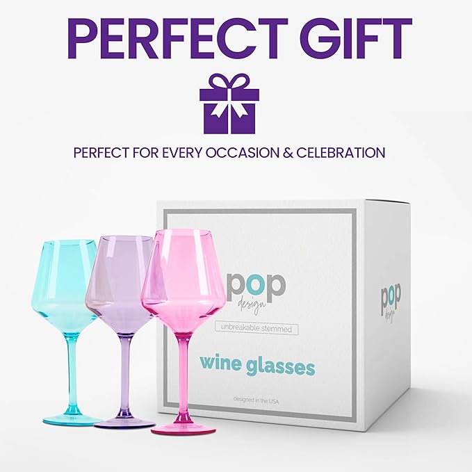 Acrylic Colored Wine Glasses Set of 6 | BPA-Free Plastic, Tritan & Acrylic - Stemmed wine glasses, Dishwasher Safe, Unbreakable Glass for Indoor & Outdoor (jewel)