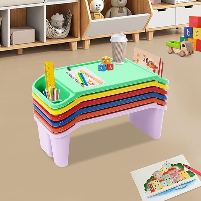 Set of 6 Kids Lap Desk Tray, Portable Activity Table, Plastic, Stackable for Drawing, Writing, Eating, Classroom, 19.69" L x 9.84" W x 7.09" H, (Red+Green+Yellow+Purple+Orange+Blue)