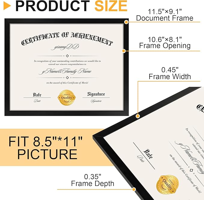 YixangDD 5 PACK Certificate Frames 8.5 x 11, Black Diploma Frame Document Frame with Clear Plexiglass, Picture Frames for Tabletop and Wall Display