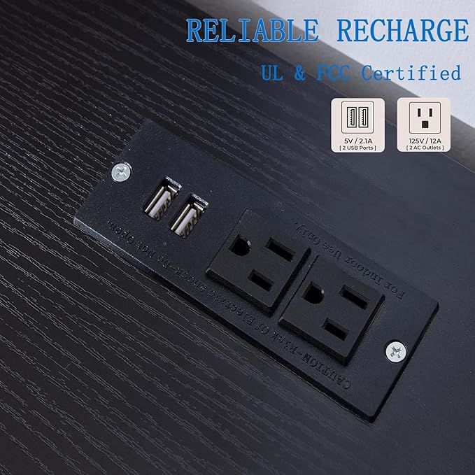 Farmhouse Nightstand with Charging Station & Drawers, Black Wood Bedside Table, End Table with 2 Storage Drawers & USB Ports for Bedroom, Dorm，Black