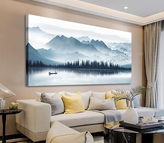 arteWOODS Indigo Canvas Wall Art Misty Mountain Wall Pictures Foggy Lake Boat Canvas Painting Blue Forest Birds Canvas Wall Decor for Living Room Wall Decorations Framed Ready to Hang 29" x 58"