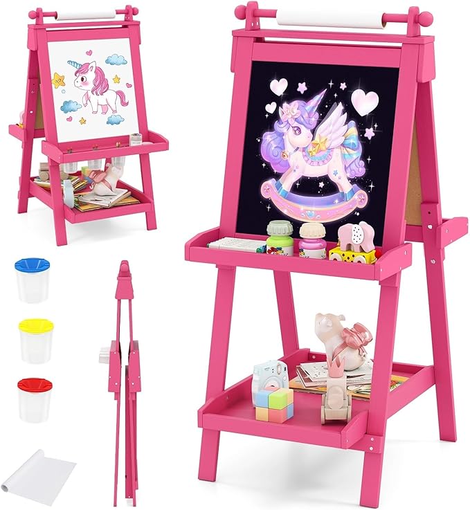 OLAKIDS Easel for Kids, 3 in 1 Adjustable Painting Art Board, Foldable Double-Sided Wooden Drawing Chalkboard Magnetic Whiteboard with Paper Roll, Storage Rack, Cups for Boy Girls (Pink)