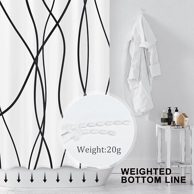 Punkray Black and White Striped Wavy Line Polyester Shower Curtain for Bathroom with Hooks, Extra Long Shower Curtains 96 Inches Long, Weighted Hem, Waterproof Bath Accessories