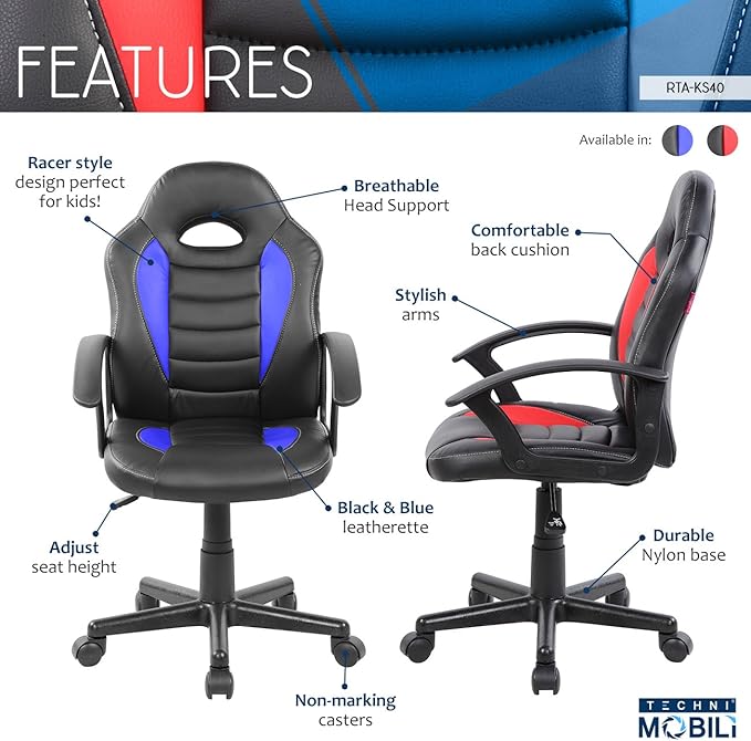 Techni Mobili Kid's Gaming and Student Racer Chair with Wheels, Resemblance of a sport's car interior, Polypropylene, Blue